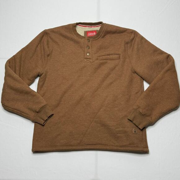 Coleman Sherpa Lined Henley Pullover L Brown Cotton Blend Fleece - Picture 1 of 5